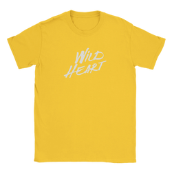 Yellow women's T-shirt with white retro "Wild Heart" slogan graphic.