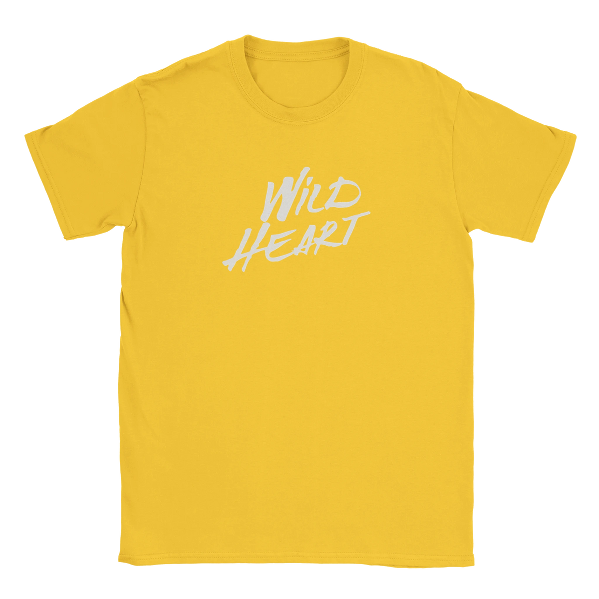 Yellow women's T-shirt with white retro "Wild Heart" slogan graphic.