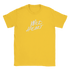 Yellow women's T-shirt with white retro "Wild Heart" slogan graphic.