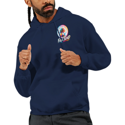 Man wears navy hoodie with colorful "Full Send" palm tree graphic. Vintage car culture sweatshirt for petrolheads and modified car enthusiasts.