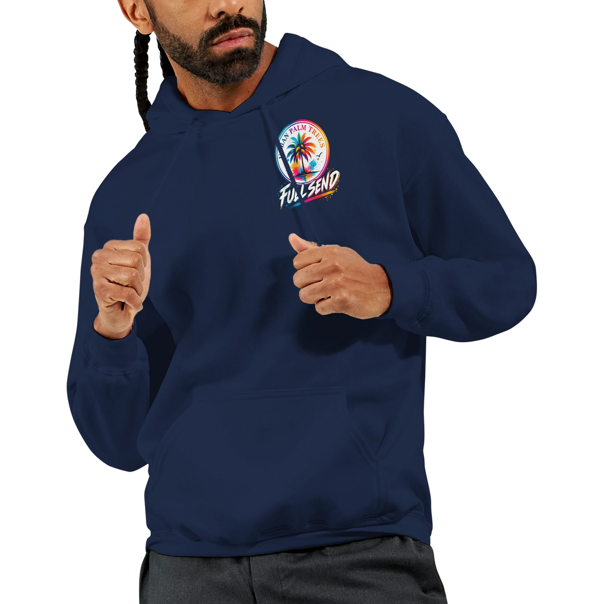 Man wears navy hoodie with colorful "Full Send" palm tree graphic. Vintage car culture sweatshirt for petrolheads and modified car enthusiasts.