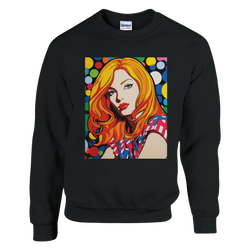Retro Pop Art Woman Sweatshirt in black with vibrant orange-haired portrait and colorful dots.