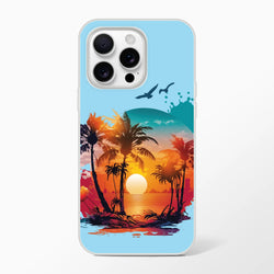 Cute Sunset iPhone case (13-16) featuring palm-tree sunset on blue background with a Y2K aesthetic.