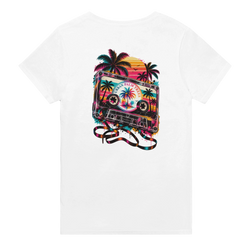 Back of white t-shirt featuring a colorful retro cassette tape graphic with palm trees and a sunset vibe.