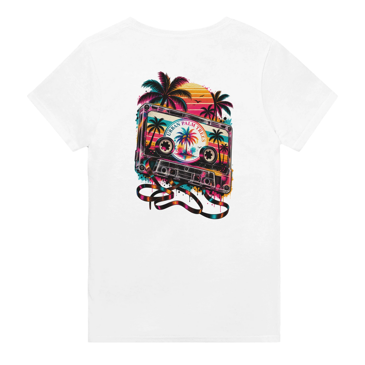 Back of white t-shirt featuring a colorful retro cassette tape graphic with palm trees and a sunset vibe.