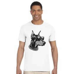 Gangster Dog graphic tee for men on a white soft cotton blend shirt with a dog wearing sunglasses and a chain.