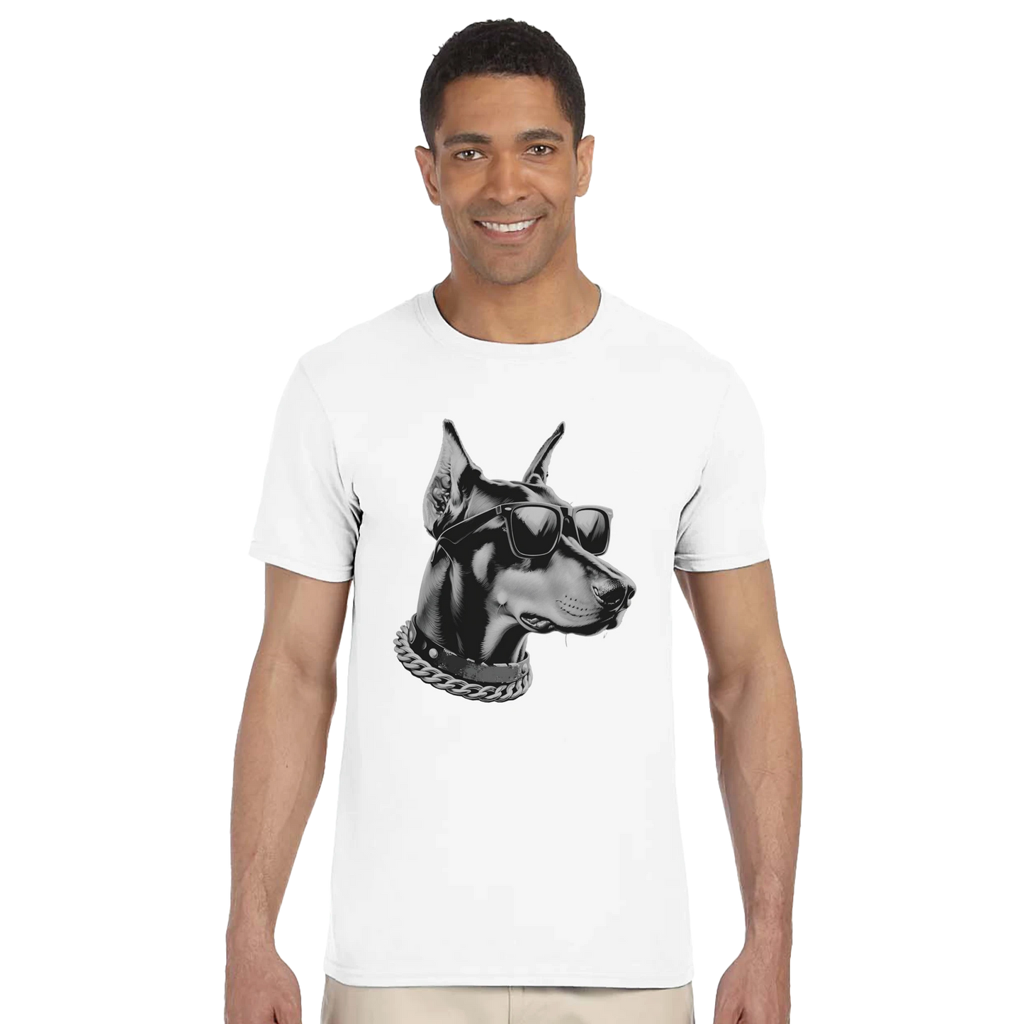 Gangster Dog graphic tee for men on a white soft cotton blend shirt with a dog wearing sunglasses and a chain.