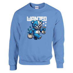 Blue 50/50 cotton-polyester graphic sweatshirt featuring a teddy bear with money bags and the WANTED text