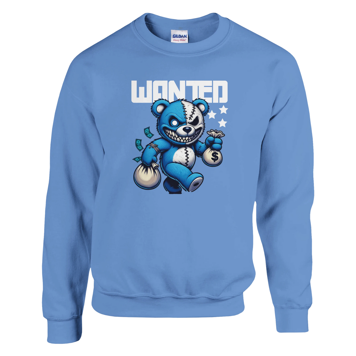 Blue 50/50 cotton-polyester graphic sweatshirt featuring a teddy bear with money bags and the WANTED text