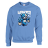 Blue 50/50 cotton-polyester graphic sweatshirt featuring a teddy bear with money bags and the WANTED text