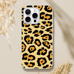Classic leopard print iPhone case for iPhone 13-16 with retro beige background and bold black-and-orange spots.