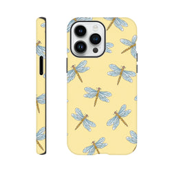 Yellow iPhone case with blue dragonfly pattern on pale yellow background. Cute tough phone cover for drop and scuff protection.