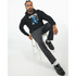 Man wearing black Men's Wanted Teddy Bear Hoodie with blue teddy bear graphic.