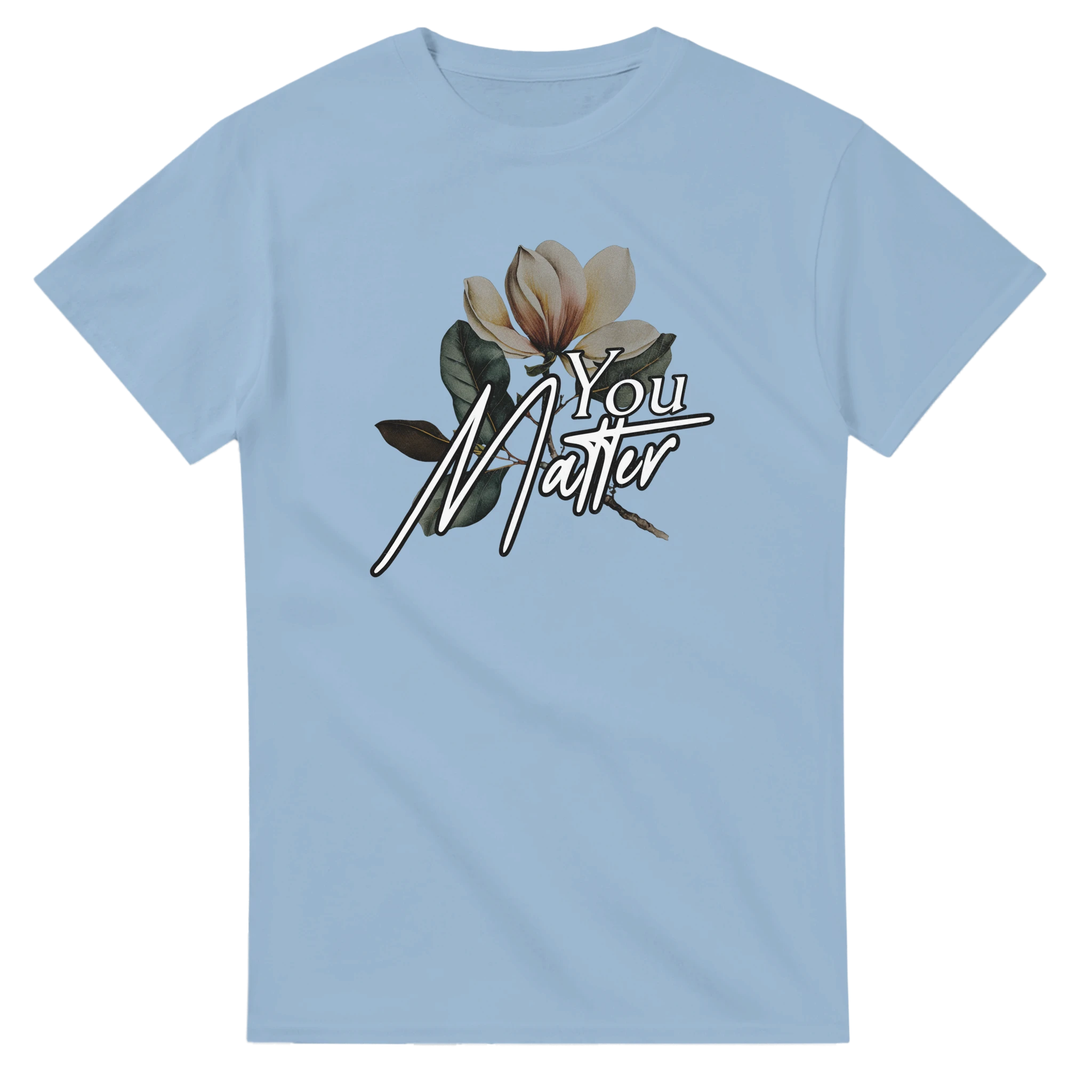 Light blue You Matter slogan graphic tee, soft cotton blend with magnolia bloom.