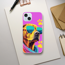 Trendy Dog iPhone Case (13-16) with colorful dog wearing sunglasses on purple background and yellow paw prints.