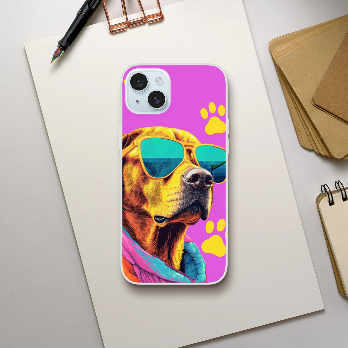 Trendy Dog iPhone Case (13-16) with colorful dog wearing sunglasses on purple background and yellow paw prints.