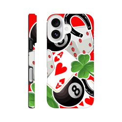 Tough iPhone case featuring Ace of Hearts, four-leaf clover, 8-ball, and horseshoe lucky charm graphics on red background.