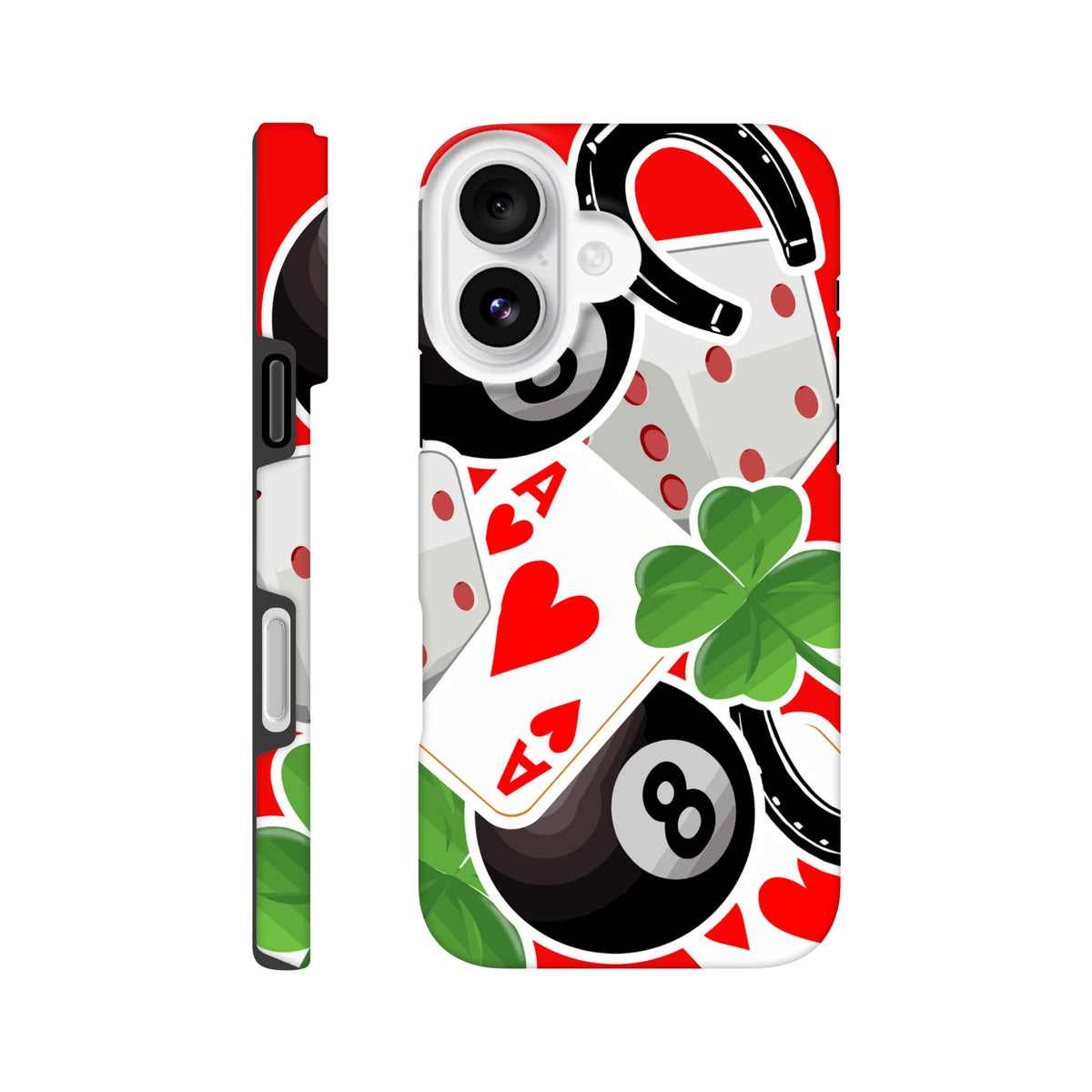 Tough iPhone case featuring Ace of Hearts, four-leaf clover, 8-ball, and horseshoe lucky charm graphics on red background.