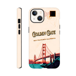 Retro postcard iPhone case featuring Golden Gate Bridge illustration and vintage San Francisco typography on textured cream background.