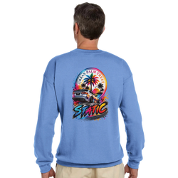 Blue crewneck sweatshirt featuring a vibrantStatic petrolhead graphic with a slammed car, palm trees, and Urban Palm Trees text.