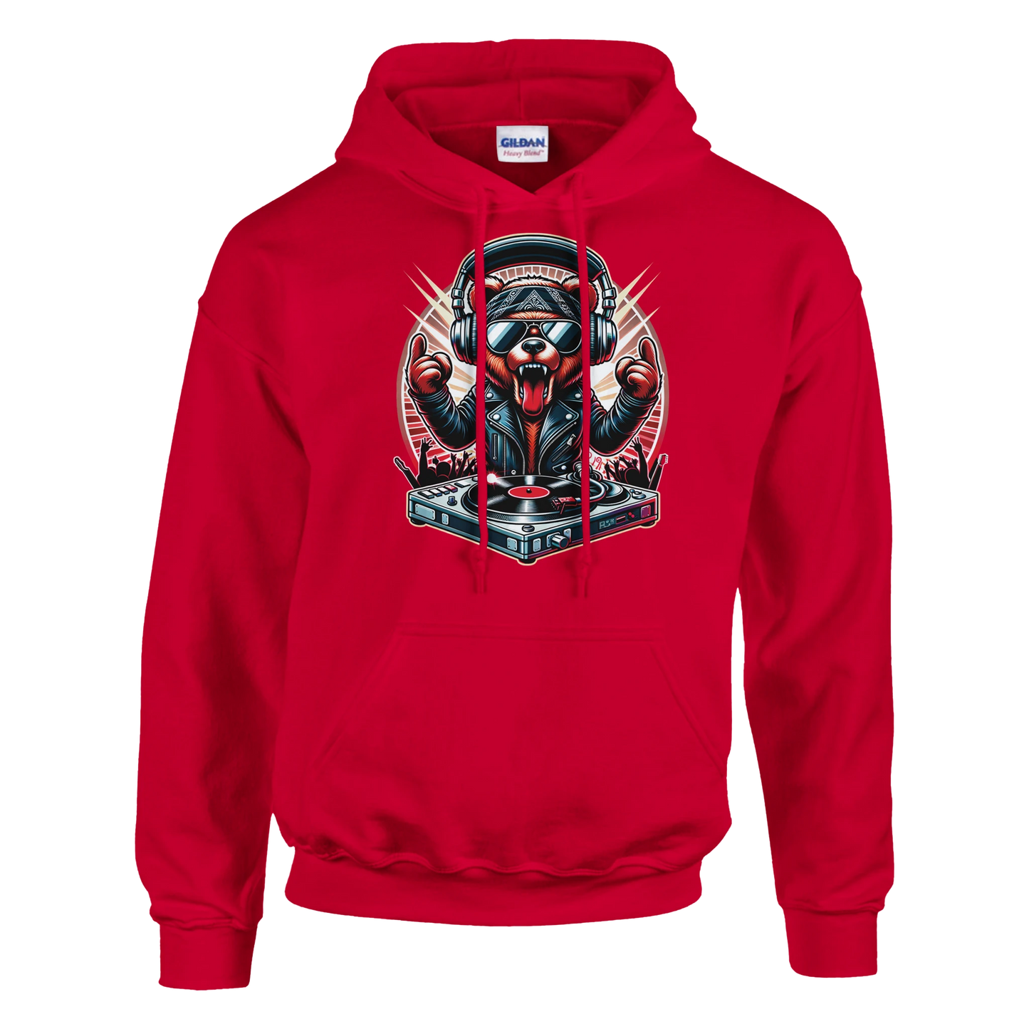 Red men's bear hoodie with a graphic design of a bear DJ on a white background