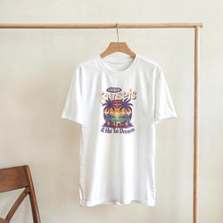 White women's cotton-blend graphic tee with Mai Tai Dreams sunset and palm trees design.