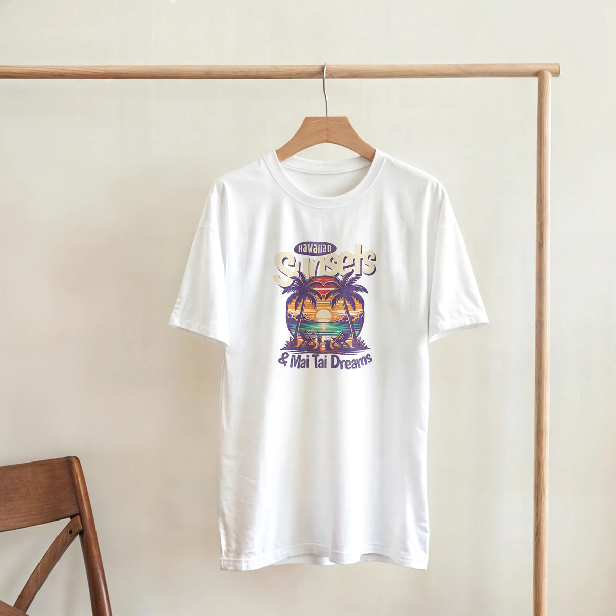White women's cotton-blend graphic tee with Mai Tai Dreams sunset and palm trees design.