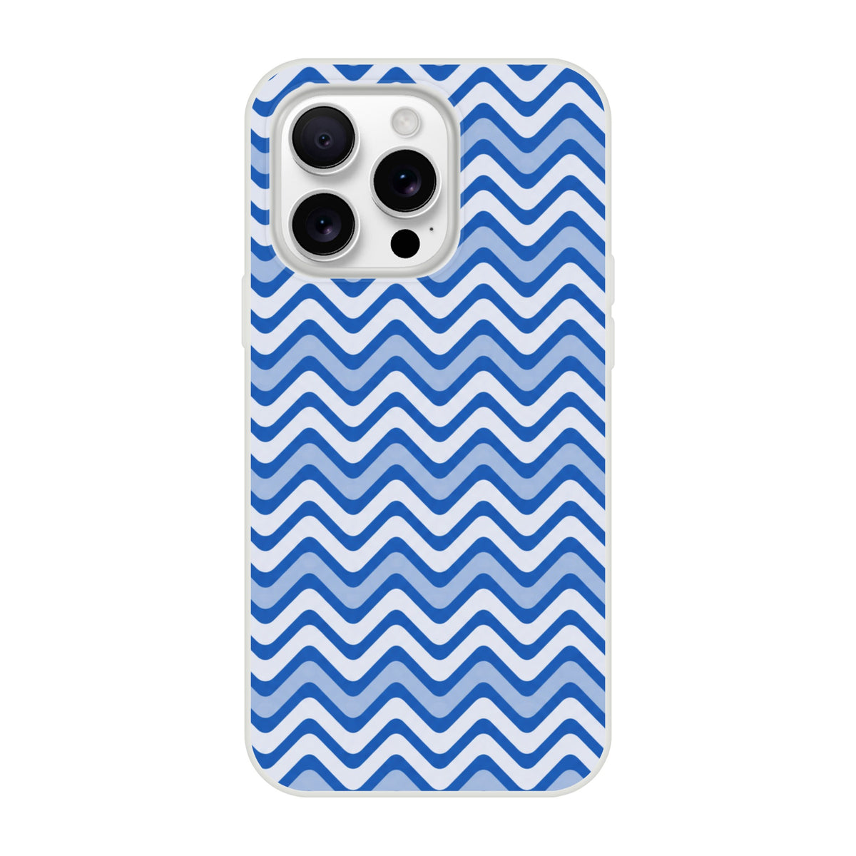 Blue wavy stripe iPhone case featuring retro geometric pattern with frosty transparent finish and shock-absorbing TPU protection.