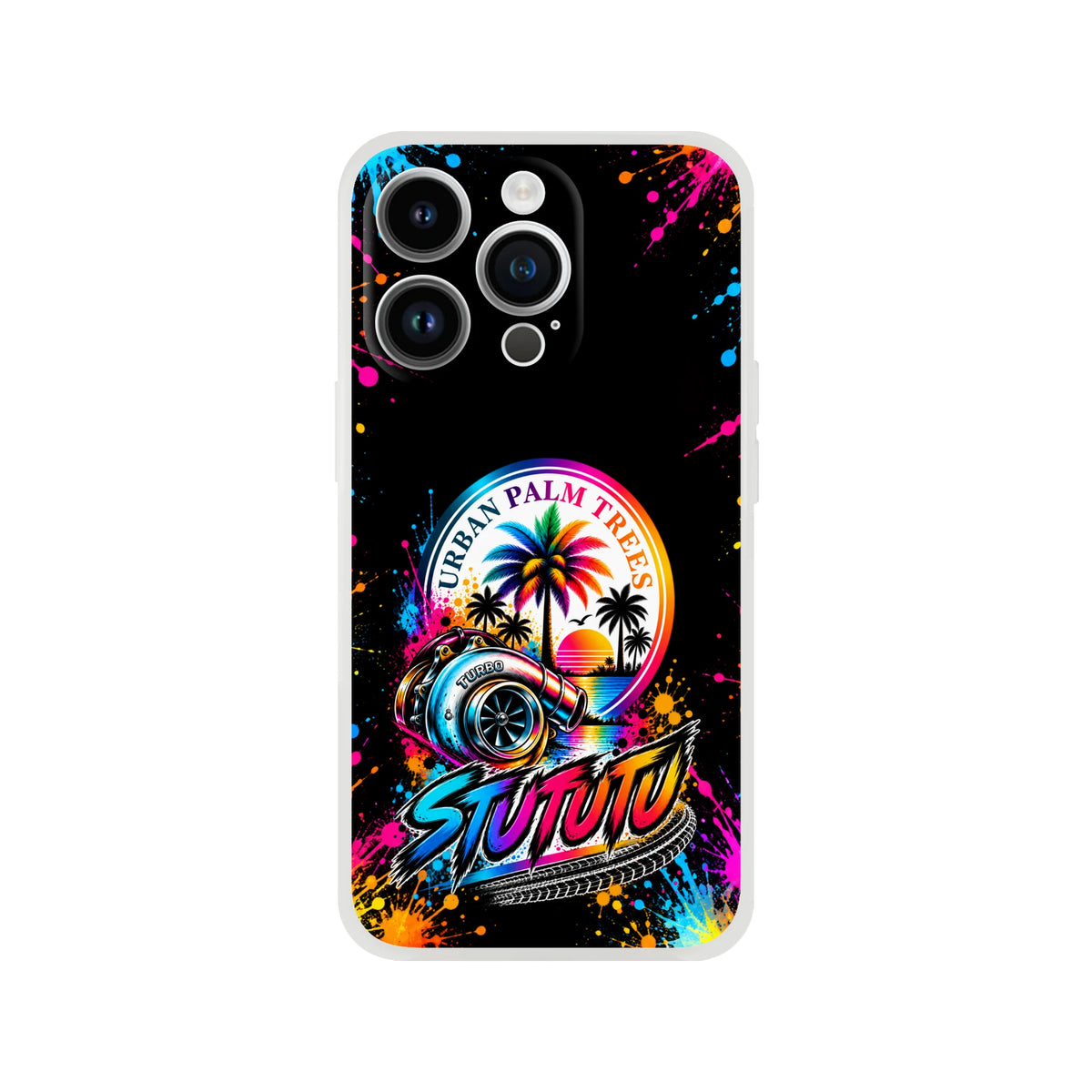Turbo car culture iPhone case featuring colorful palm trees, a turbocharger, and "Stututu" text against a black background with paint splatters.