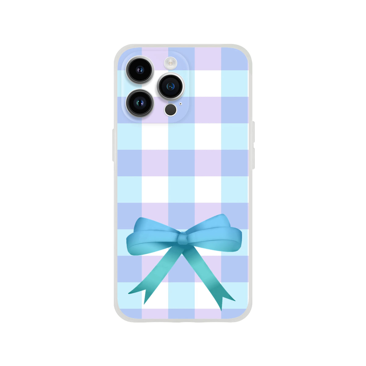 Blue gingham bow iPhone case for iPhone 13–16 in pastel gingham, Cute Coquette aesthetic.