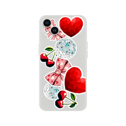 Transparent iPhone case featuring Y2K aesthetic sticker art with glossy cherries, pink heart bows, faceted red hearts, and disco balls.