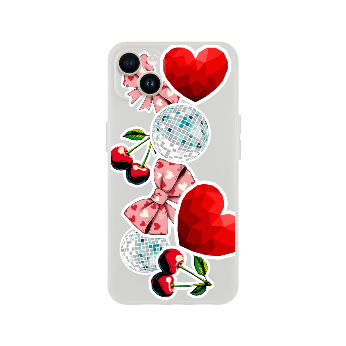 Transparent iPhone case featuring Y2K aesthetic sticker art with glossy cherries, pink heart bows, faceted red hearts, and disco balls.