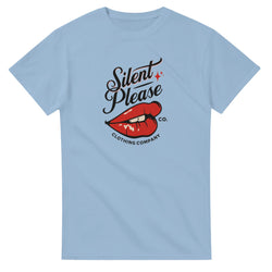 Silent Please Lips graphic T-shirt for women in blue soft cotton blend, sizes S–XL.