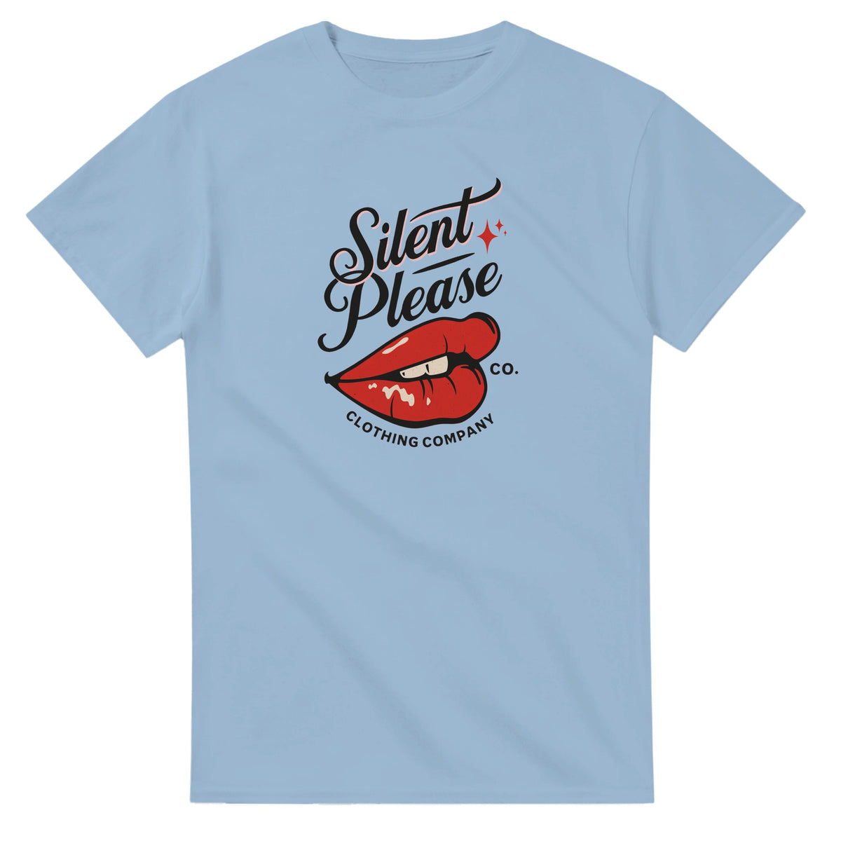 Silent Please Lips graphic T-shirt for women in blue soft cotton blend, sizes S–XL.