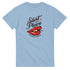 Silent Please Lips graphic T-shirt for women in blue soft cotton blend, sizes S–XL.