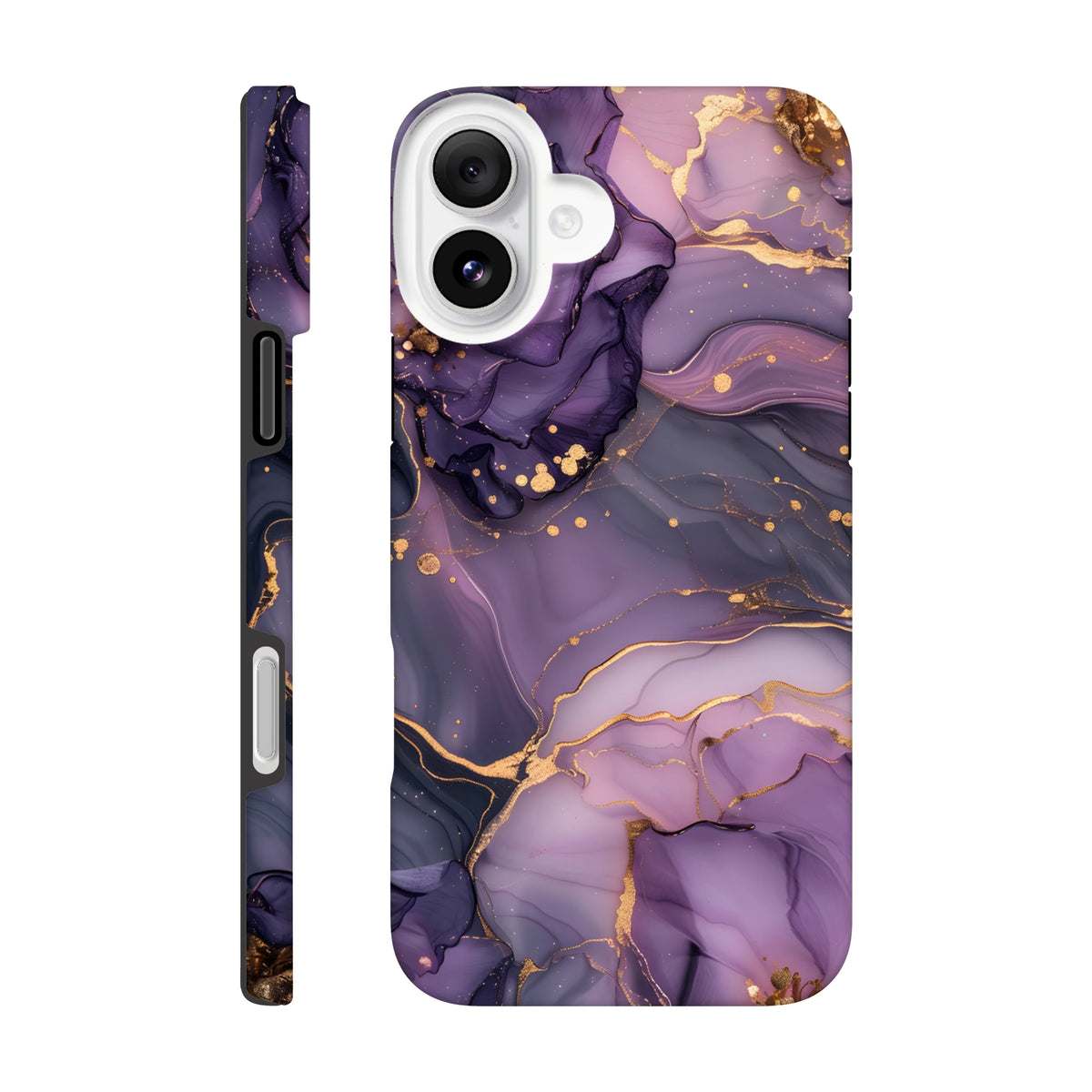 Purple and gold marble iPhone case with luxury abstract design, featuring gold veining and protective tough cover for models 13-16.