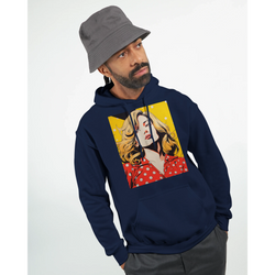 Man wearing navy vintage pop art woman hoodie with retro graphic print, styled with grey bucket hat for streetwear look.