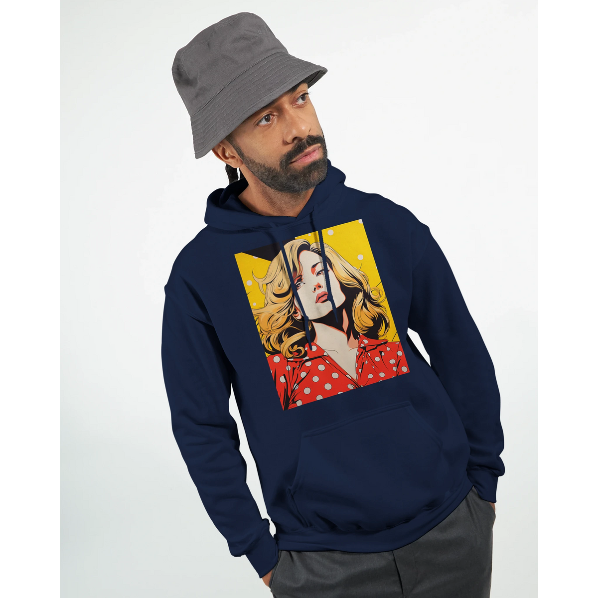 Man wearing navy vintage pop art woman hoodie with retro graphic print, styled with grey bucket hat for streetwear look.