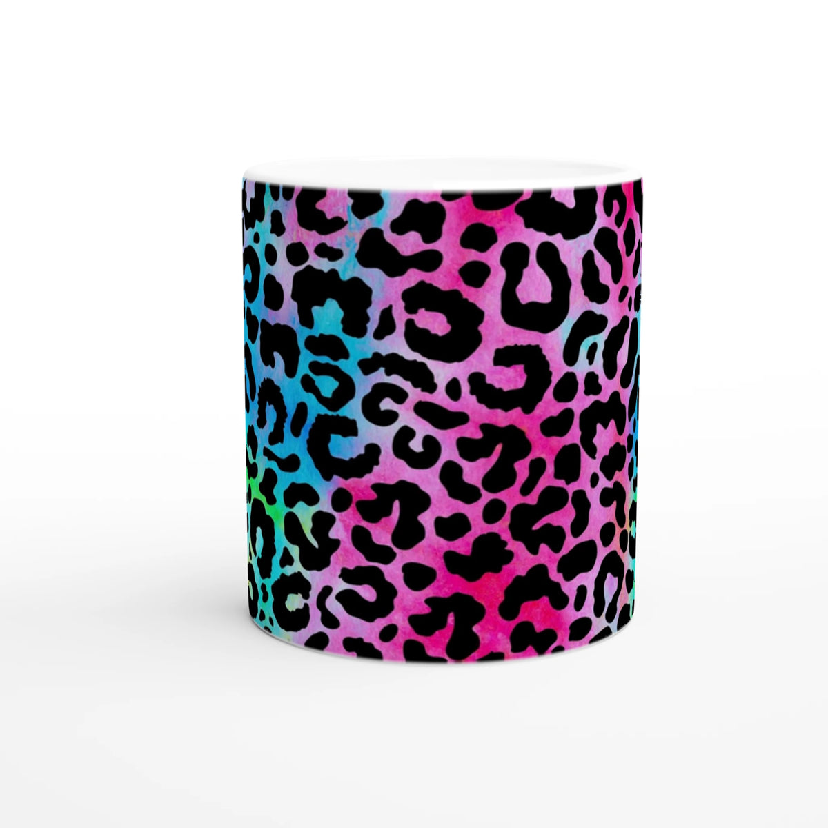 Retro leopard-print coffee mug with rainbow gradient.