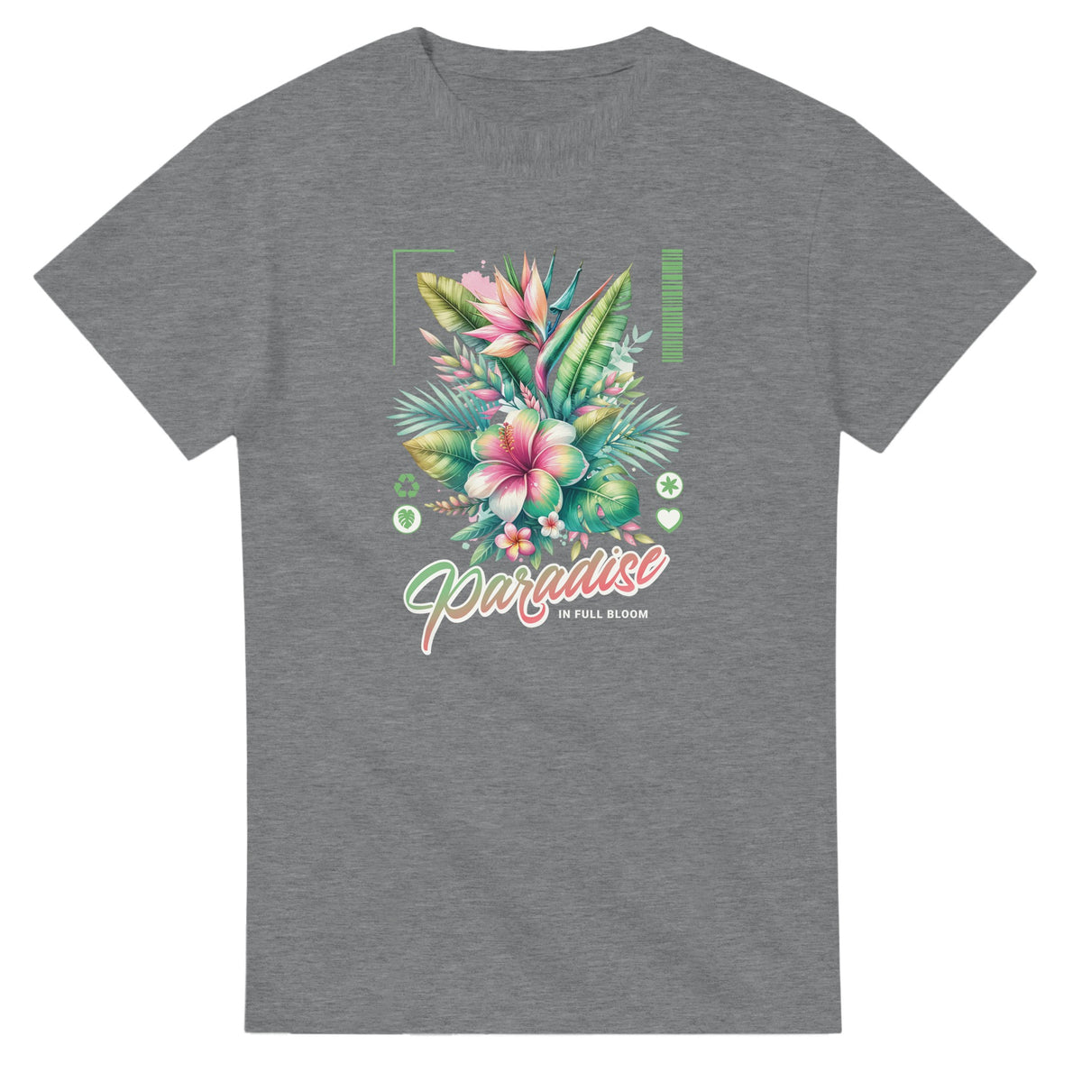 Paradise graphic T-shirt in heather gray with a tropical flower bouquet and Paradise script.