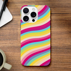 Retro rainbow wave iPhone case with colorful wavy stripes on wooden desk. Shock absorbing TPU phone cover for daily use.