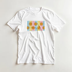 White women's tee featuring retro rainbow sun graphic with vertical color stripes, boho aesthetic.