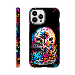 Built Not Bought iPhone case featuring modified car, Urban Palm Trees logo, and neon paint splatter wraparound design.