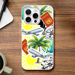 Transparent Travel Sticker iPhone Case with palm trees, sun, passport and airplane stickers.