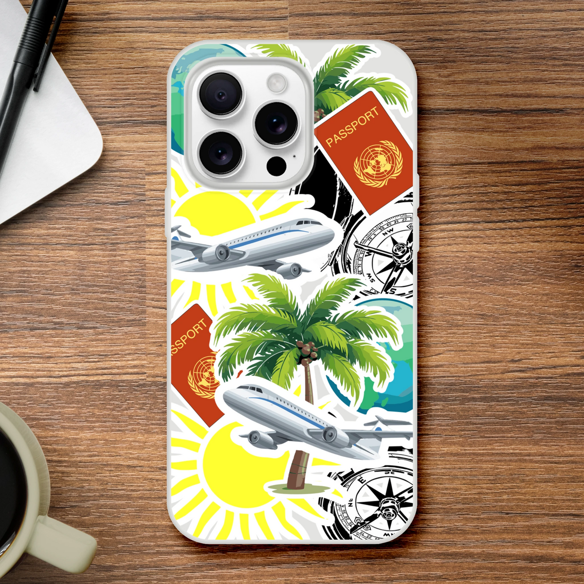 Transparent Travel Sticker iPhone Case with palm trees, sun, passport and airplane stickers.