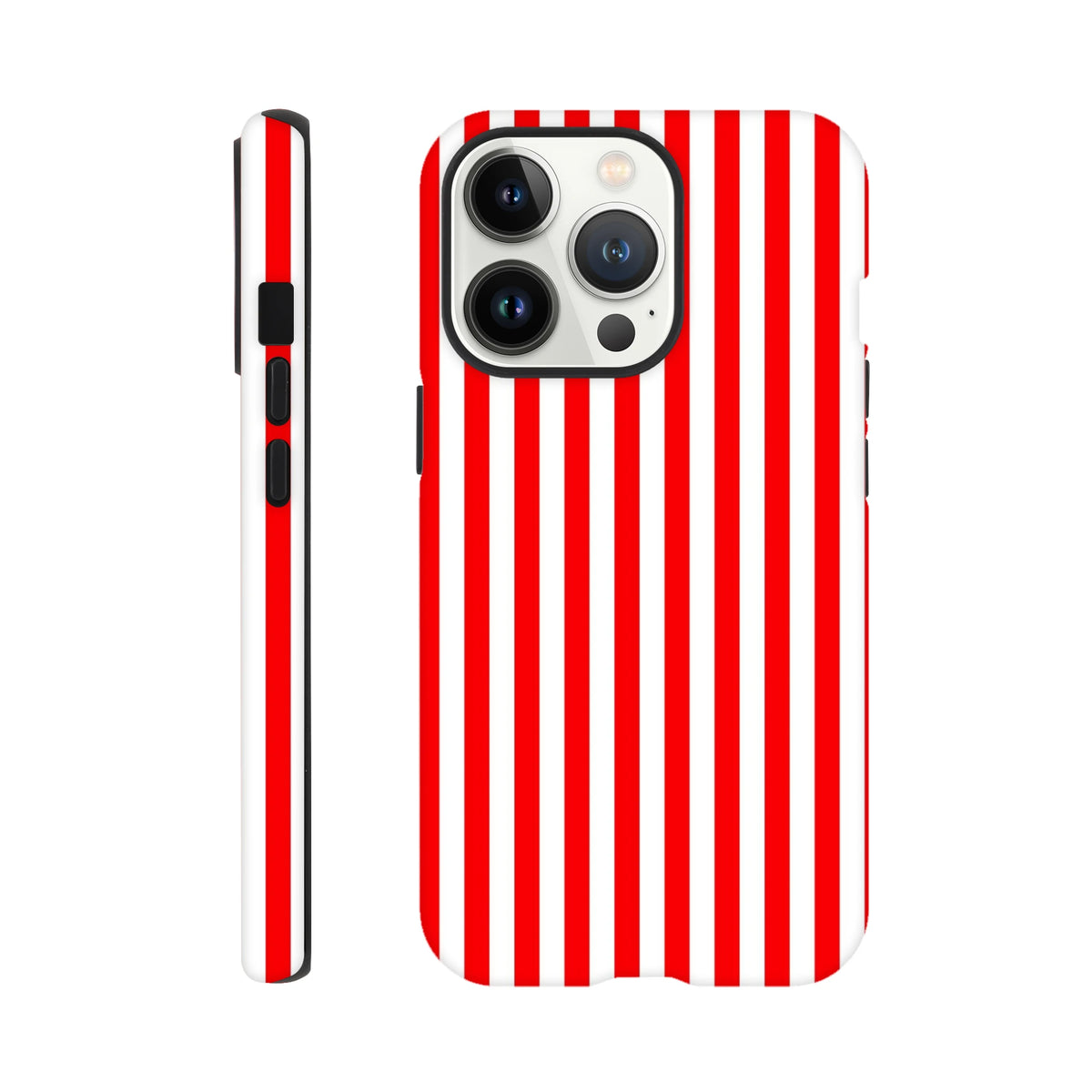 Retro red and white vertical stripe tough iPhone case featuring a bold wraparound design for rugged protection.