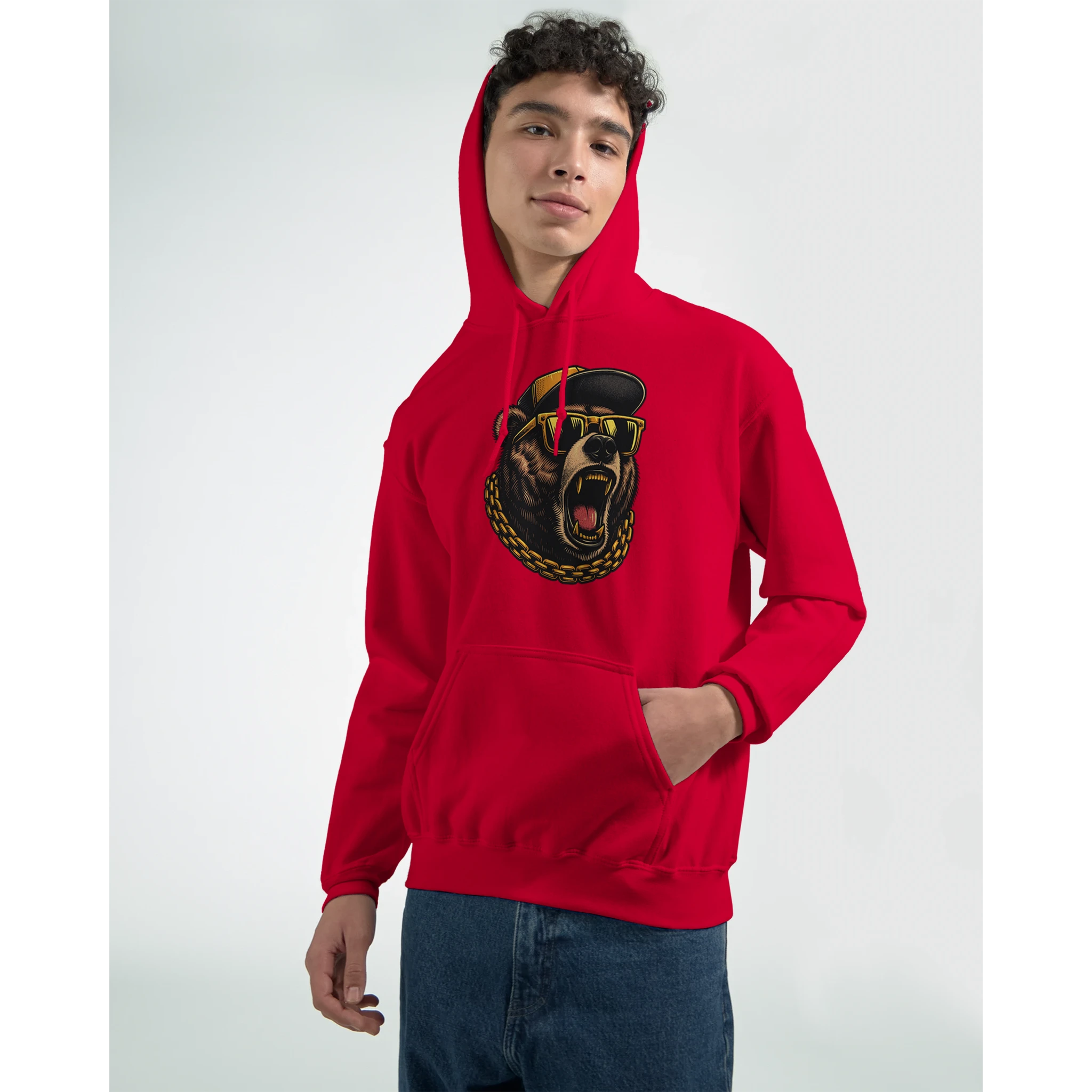 Model wearing red grizzly bear hoodie with sunglasses and gold chain graphic.