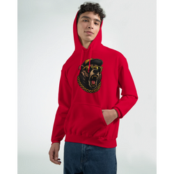 Model wearing red grizzly bear hoodie with sunglasses and gold chain graphic.