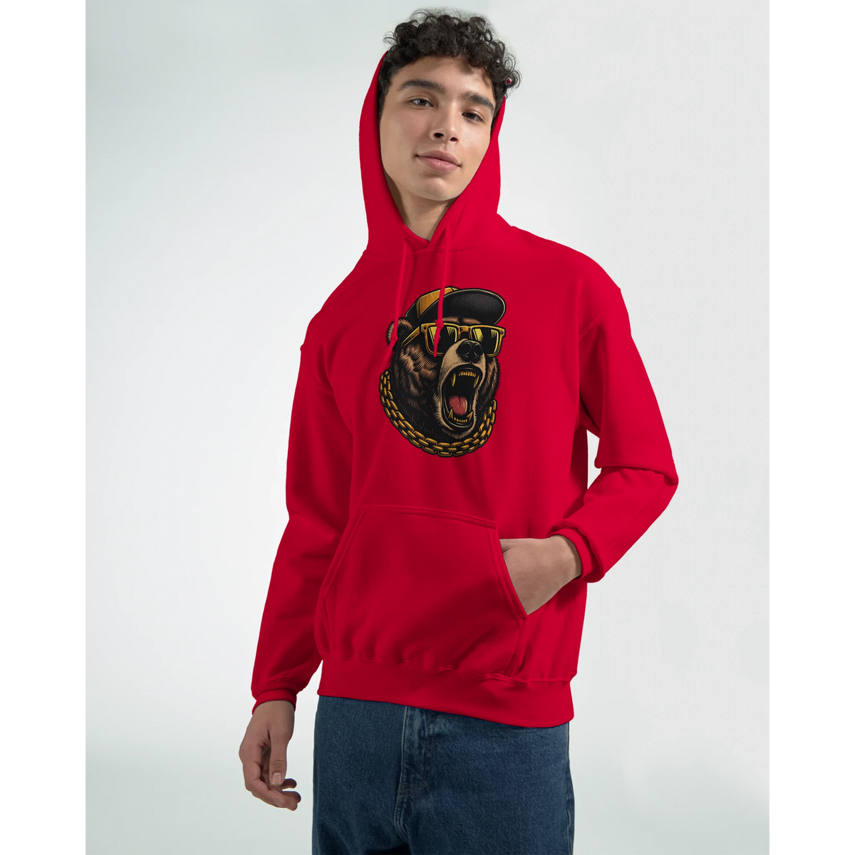 Model wearing red grizzly bear hoodie with sunglasses and gold chain graphic.