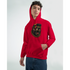 Model wearing red grizzly bear hoodie with sunglasses and gold chain graphic.